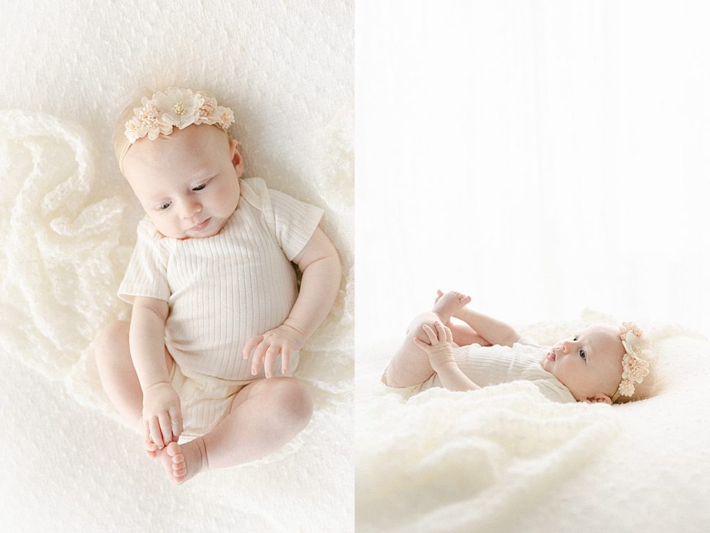 3 month old baby girl in cream onsie with a cream floral headband during her session with Zionsville photographer Brittney Lear Photography