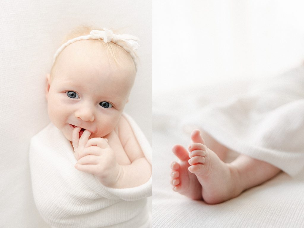 close up of 3 month old baby girl and her feet wrapped in a white swaddle during her session with Zionsville photographer Brittney Lear Photography