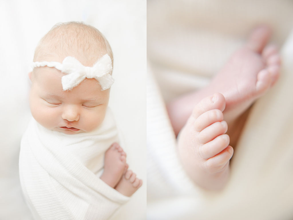 newborn baby sleeps swaddled with toes sticking out with a white bow nurture indianapolis