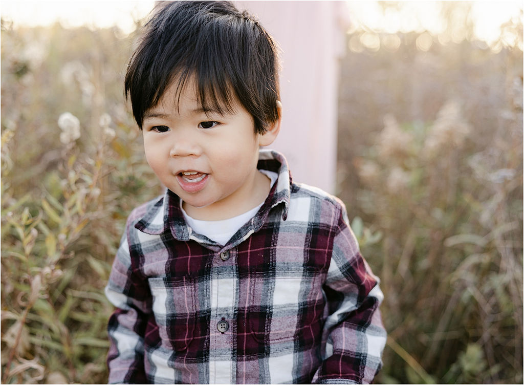 Boy wearing a plaid shirt plays in a grassy field roman and leo