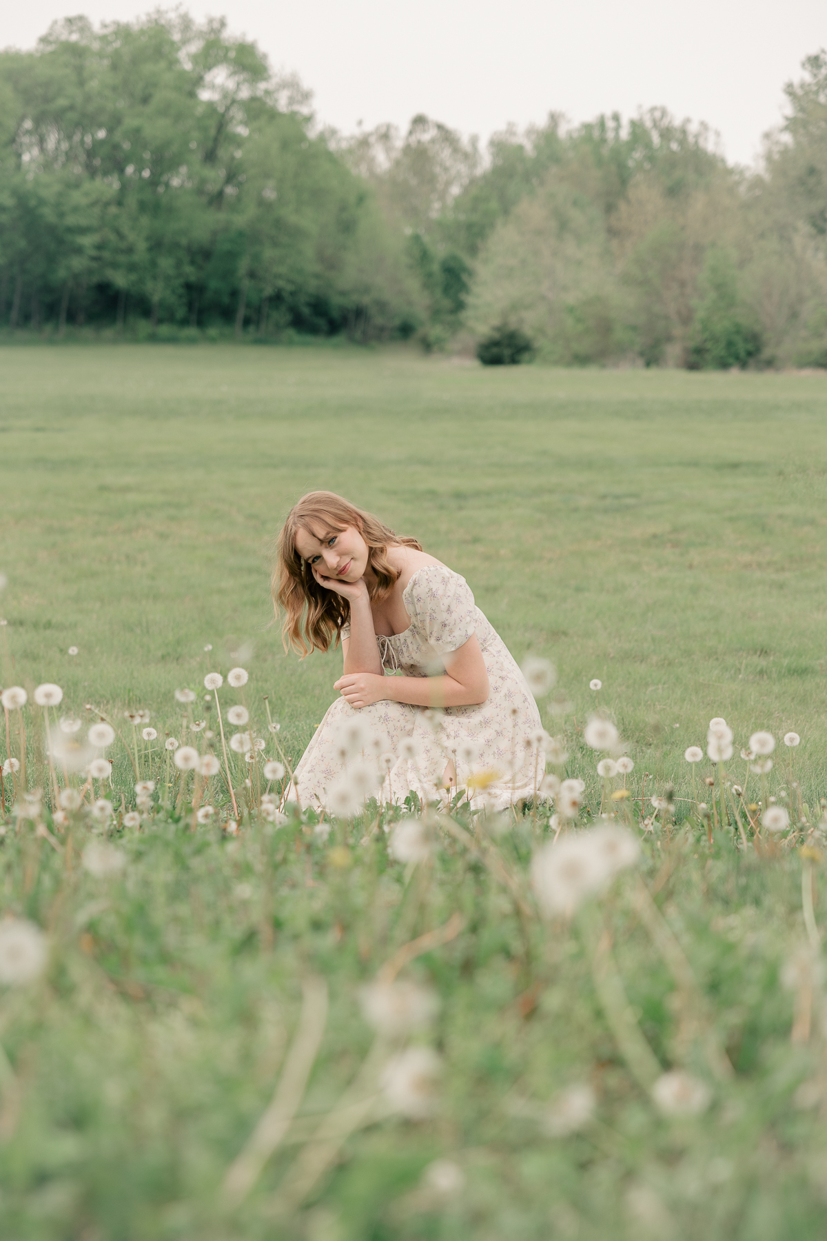 girl in long cream floral dress sits in field of dandelions, Plainfield senior photography