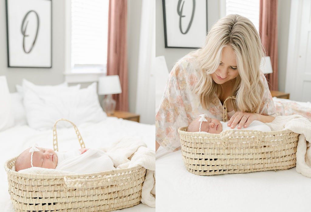A new mother leans over her sleeping newborn in a woven basket zionsville obgyn