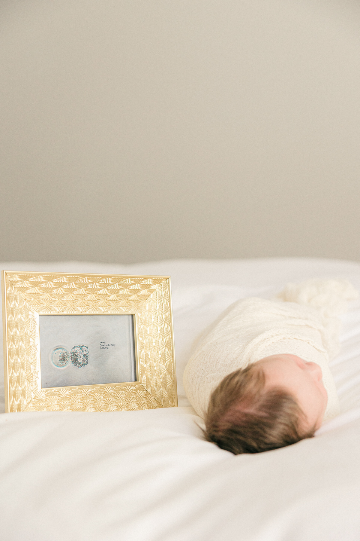 baby laying on white bed swaddled in a cream blanket next to a gold frame with his embryo photo, Indianapolis Photographer