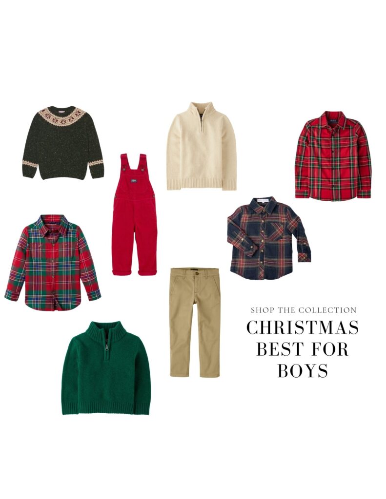 A style board of what to wear for Christmas pictures for boys