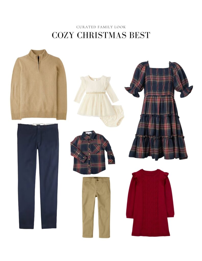 a guide of what to Wear for Christmas Family Photos, outfits in neutral and navy colors