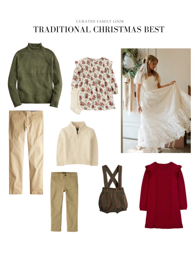 a style board of what to Wear for Christmas Family Photos, neutrals and forrest greens