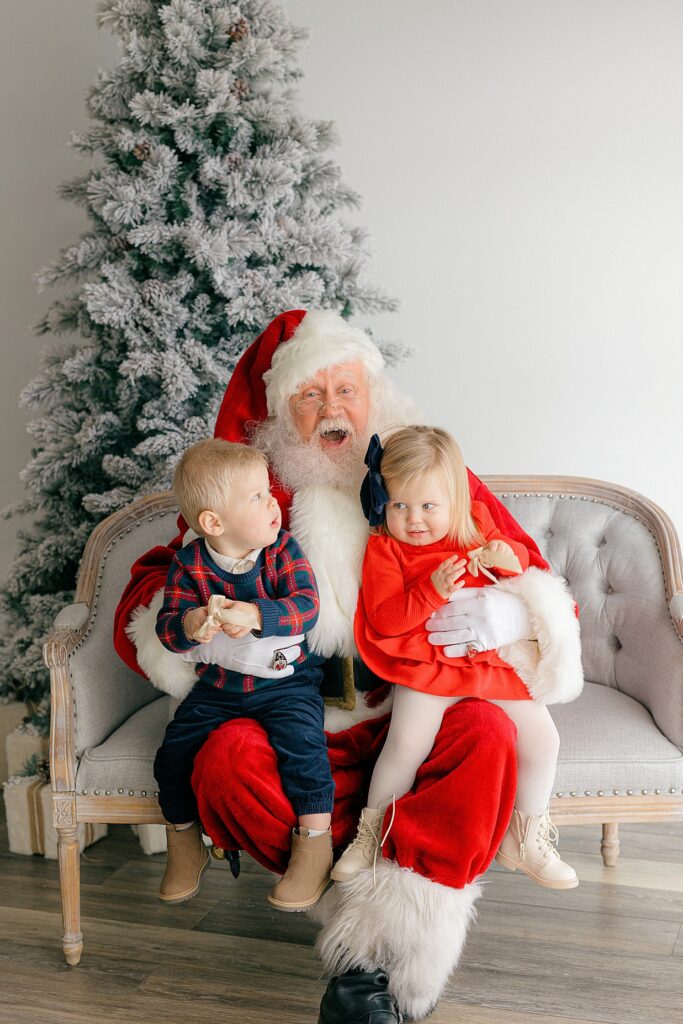 Twins in their Christmas best sit on Santa's lap during their Indianapolis Christmas pictures